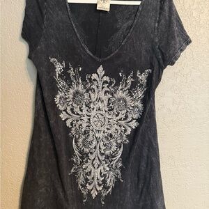 VTG Vocal Black Tee with Silver Fleur-de-Lis Size Rhinestone Medium